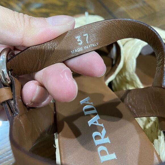 Prada Crisscross Raffia Wedge High Heel Sandal Beige EU 37 - Picture 5 of 7